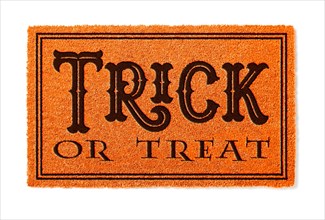 Trick or treat halloween orange welcome mat isolated on white background