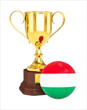 3d rendering of gold trophy cup and soccer football ball with Hungary flag isolated on white background