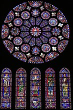 Leaded glass window rosette of the south transept in the Cathedral Notre Dame of Chartres