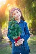 Cute mixed-race young girl holding small christmas tree outdoors