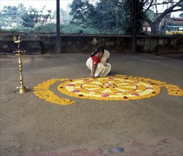 Aththapoovu or Floral decoration during Onam festival in front of Bhagavati temple in Kodungallur