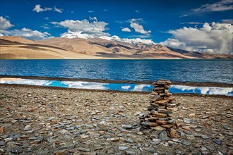 Stone cairn at Himalayan lake Tso Moriri