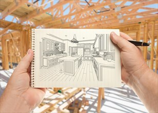 Male hands holding pen and pad of paper with custom kitchen illustration inside construction framing