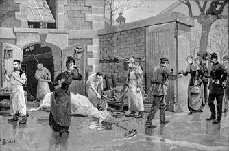 People drinking blood in a slaughterhouse in Paris in 1880
