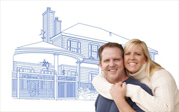 Happy hugging couple over house drawing on white