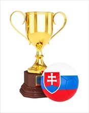 3d rendering of gold trophy cup and soccer football ball with Slovakia flag isolated on white background