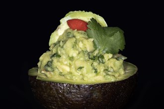 Halved avocado filled with guacamole
