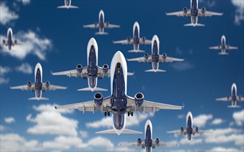 Bottom view of several passenger airplanes flying in the blue sky