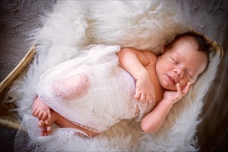 Cute newborn baby boy sleeping in the basket on fluffy blanket