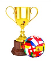 3d rendering of gold trophy cup and soccer football ball with Euro 2016 countries flags isolated on white background