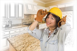 Pretty hispanic woman in hard hat and gloves with kitchen drawing and photo gradation behind