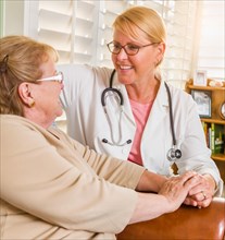 Happy smiling doctor or nurse talking to senior woman in chair at home