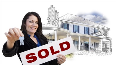Hispanic woman holding keys and sold sign over house drawing and photo combination on white