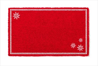 Blank holiday red welcome mat with snow flakes isolated on white background