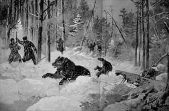 Hunters hunting bears in Russia in the winter of 1870