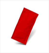 Blank red condiment packet floating isolated on white background