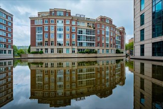 Modern apartment building house with reflection. The Hague
