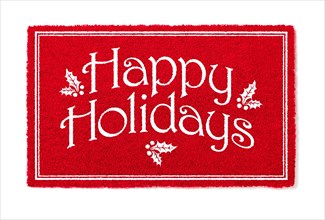 Happy holidays christmas red welcome mat isolated on white background