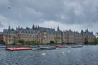 View of the Binnenhof House of Parliament and the Hofvijver lake with swans