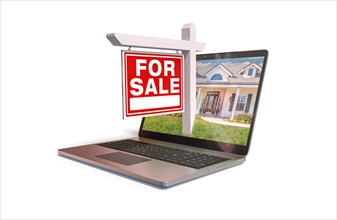 For sale real estate sign popping out of computer laptop screen isolated on a white background