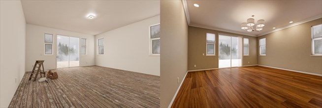 Before and after of unfinished raw and newly remodeled room of house with finished wood floors
