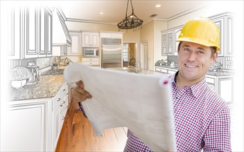 Smiling contractor holding blueprints over custom kitchen drawing and photo combination