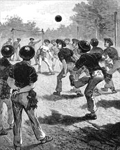 Young men playing football at a sports ground in London in 1870