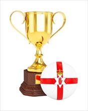 3d rendering of gold trophy cup and soccer football ball with Northern Ireland flag isolated on white background