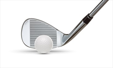 Chrome golf club wedge iron and golf ball on white background