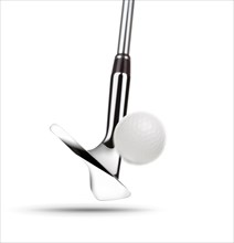 Chrome golf club wedge iron hitting golf ball on white background