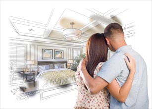 Curious young military couple looking over custom bedroom design drawing photo combination