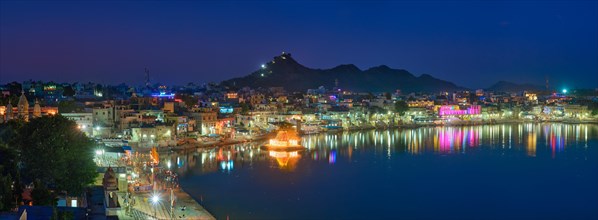 View of famous indian hinduism pilgrimage town sacred holy hindu religious city Pushkar with Brahma temple