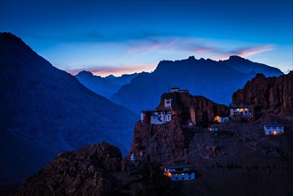 Dhankar gompa tibetan monastery in Himalayas in twilight. Spiti valley