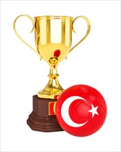 3d rendering of gold trophy cup and soccer football ball with Turkey flag isolated on white background