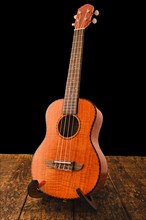 Ukulele Hawaiian guitar music instrument on wooden backgroun close up