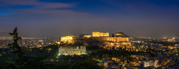 Panorama of Parthenon Temple and Amphiteater are iconic greek tourist landmark at Acropolis of Athens and ancient European civilization architecture