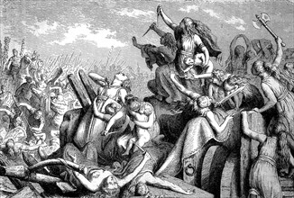 The ancient people of the Cimbri and Teutons defending their chariot castle against the Roman soldiers
