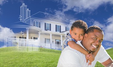 mixed-race father and son with ghosted house drawing