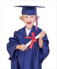 Cute young caucasian boy wearing graduation cap and gown isolated on A white background