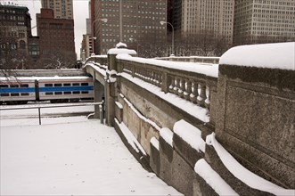 Bridge over chicago train on a snowy day