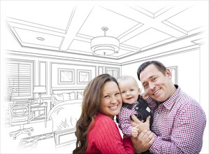 Happy young family with baby over custom bedroom drawing