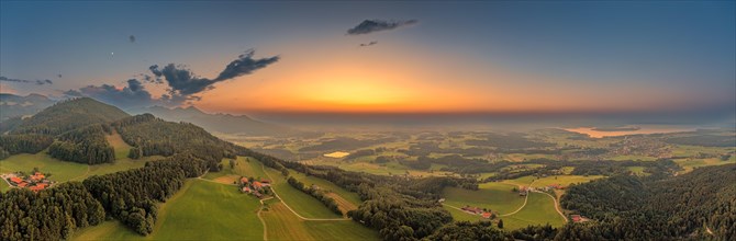 Sunset panorama in the southern foothills of the Alps at Chiemsel