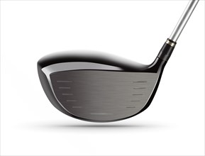 Face of large driver golf club on white background