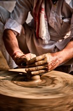 Indian potter at work: throwing the potter's wheel and shaping ceramic vessel and clay ware: pot