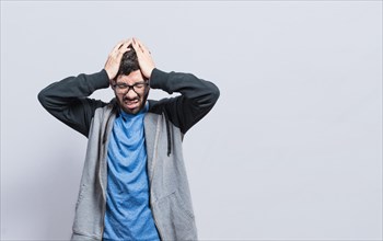 People rubbing his head on isolated background