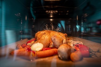 Crispy roasted chicken in a hot oven. Front view through the pane