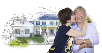 Attractive affectionate senior chinese couple in front of house sketch photo combination on white