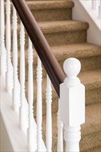 Stair railing and steps with carpet in house