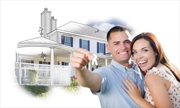 Military couple with keys over house drawing and photo combination on white