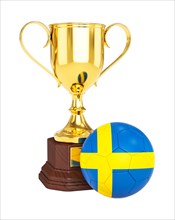 3d rendering of gold trophy cup and soccer football ball with Sweden flag isolated on white background